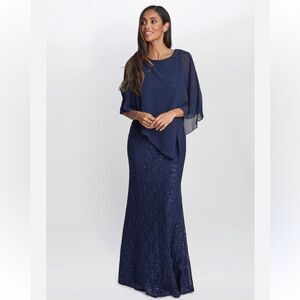 Ignite Evenings Navy Blue Metallic Sparkle Lace Sheer Overlay Maxi Dress Size 14